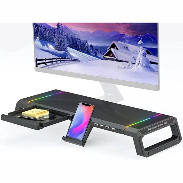 Suport Monitor și laptop, cu lumini RGB reglabile și 4 Porturi USB, Reglabil in 3 Moduri/Nivele, Ideal pentru Gaming, Negru