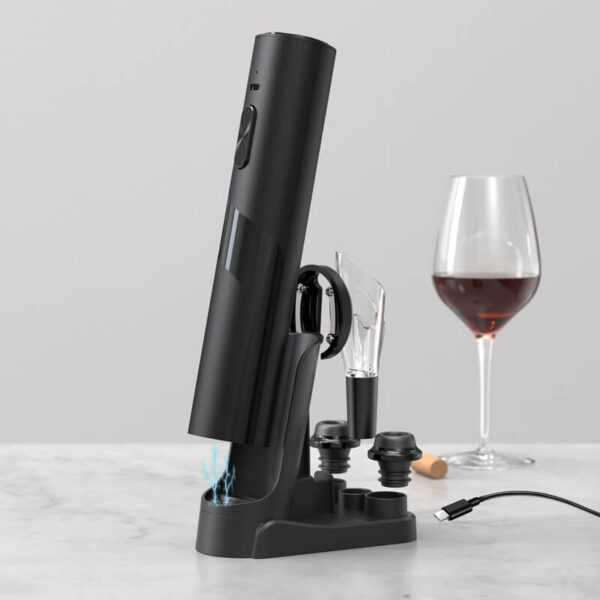 Set tirbuson electric 2 în 1, cu pompa de vid și 7 accesorii, taietor de folie, aerator pentru turnat vin și 2 dopuri de vin, Baza de încărcare, negru
