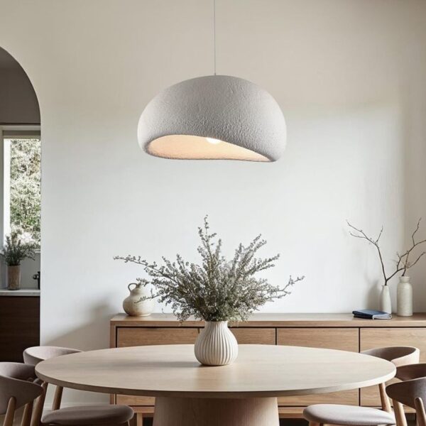 Corp de iluminat tip Pendul Wabi-Sabi, E27, stil japonez/nordic, materiale premium, Alb, Polistiren și Rășină, diametru aprox. 40cm