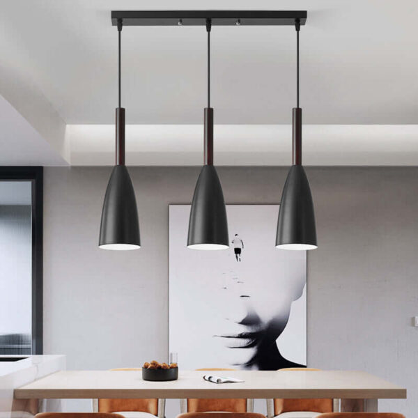 Corp de iluminat tip Pendule retro elegant din fier cu inserții de lemn, cu 3 pendule, E27, conic, Stil vintage, pentru interior, Negru și Maro, Metal și lemn